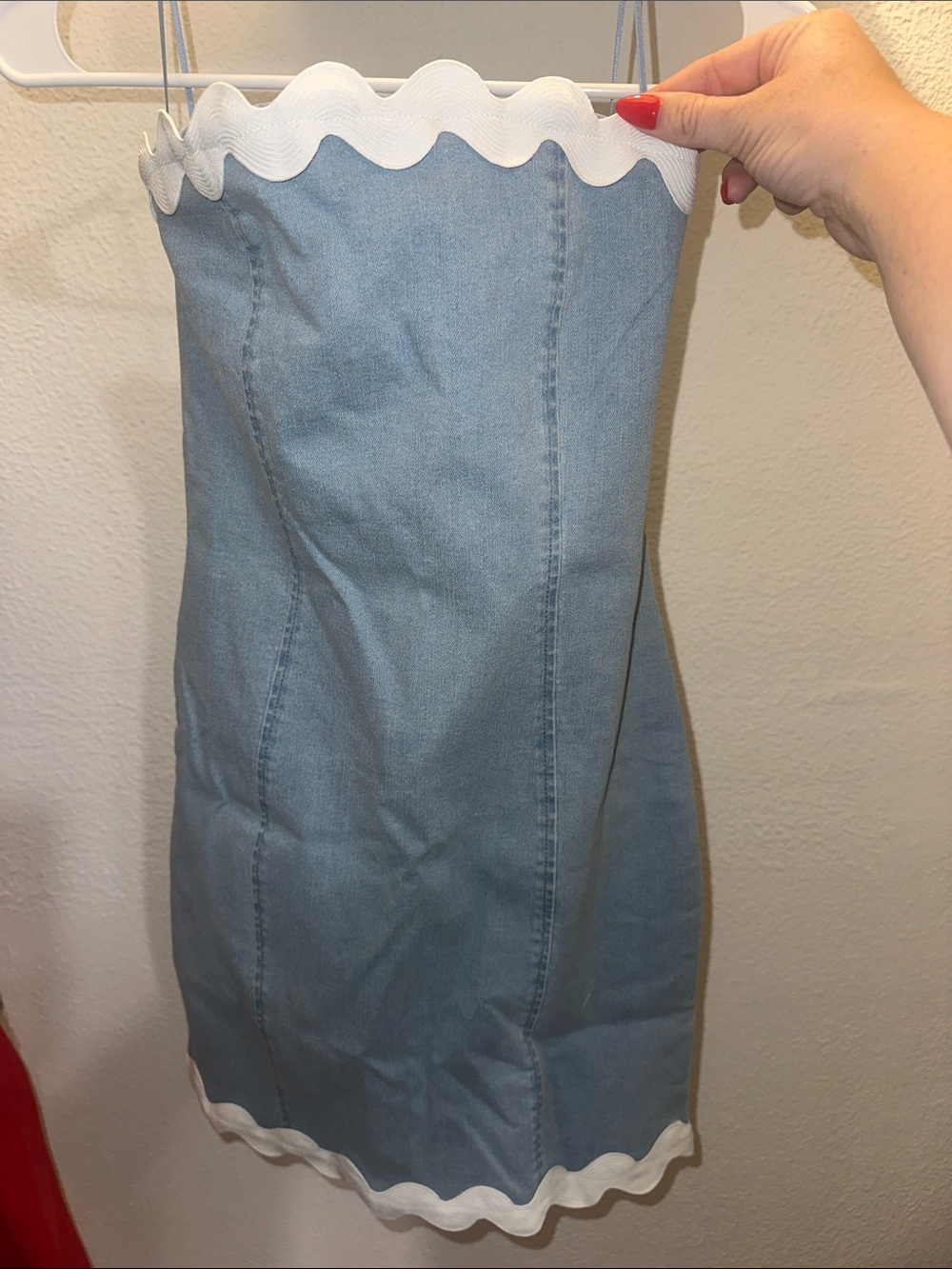 The Vintage Shop Light Blue Denim Strapless Mini Dress with White Trim